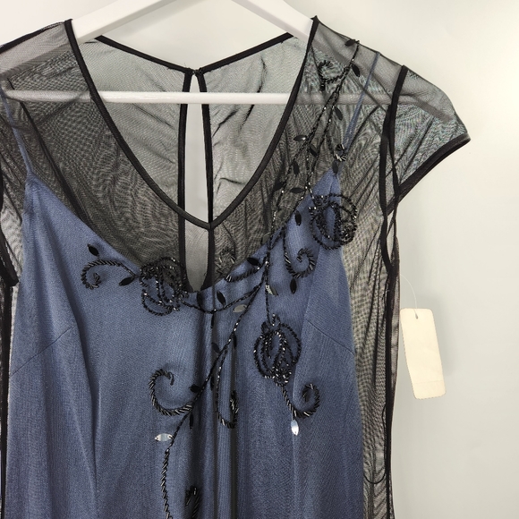 VINTAGE Adrianna Papell Blue Cap Sleeves V Neck Beaded Sequinned Chiffon Dress - Picture 2 of 5